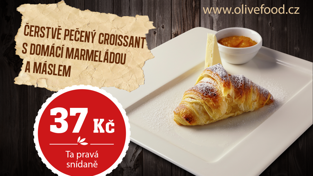 Čerstvě pečený croissant s domácí marmeládou a máslem   37 Kč